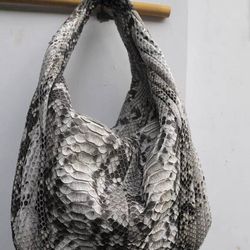 Big Soft Hobo Classy Sport Woman Stitched Bag | Purse Genuine Python Skin | Gray Big Elegant Leather Designer Soft Bag S