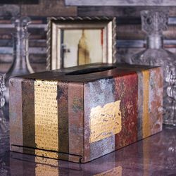 Golden Bronze Rusty Metal Oxide Textures Abstract Mixed Media Collage Rectangular Tissue Box Cover Loft Home Decor
