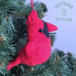 Red cardinal bird crochet pattern - Xmas decor for Christmas tree, digital PDF file, DIY project , Good luck