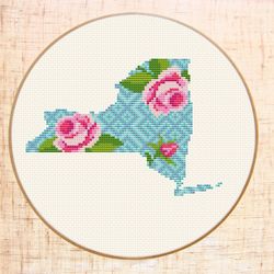 New York cross stitch pattern Floral Map cross stitch State cross stitch Flower Map Silhouette cross stitch