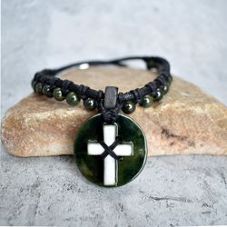 Men's cross pendant necklace. Religious Christian beaded necklace for men