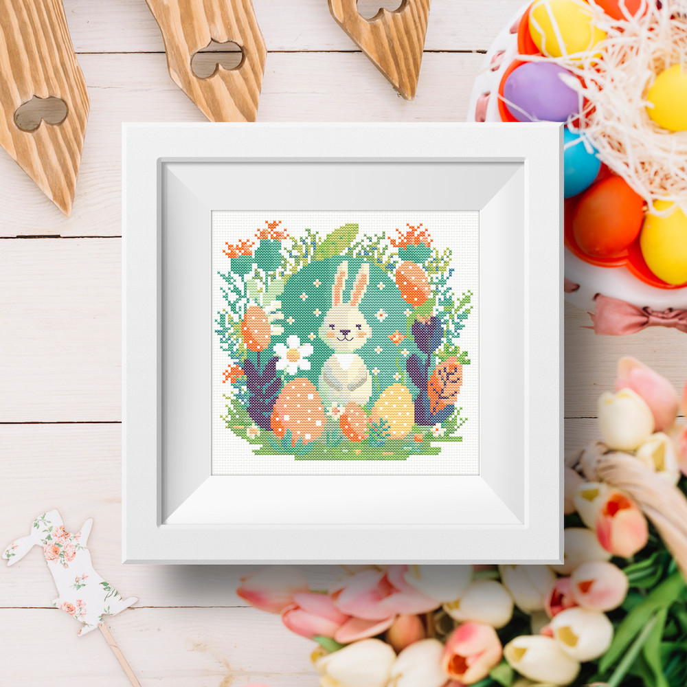 1 Spring Easter baby bunny with Easter eggs and daisy flowers cross stitch PDF pattern created for Creative cross stitch shop for cozy home decor and gift.jpg