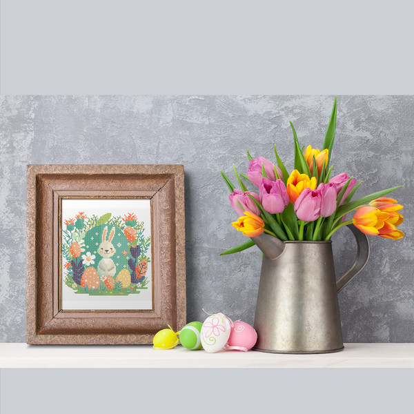 6 Spring Easter baby bunny with Easter eggs and daisy flowers cross stitch PDF pattern created for Creative cross stitch shop for cozy home decor and gift.jpg