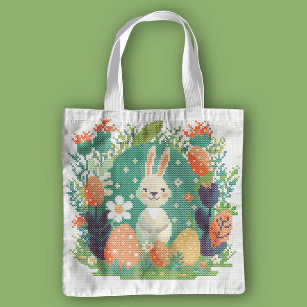 7 Spring Easter baby bunny with Easter eggs and daisy flowers cross stitch PDF pattern created for Creative cross stitch shop for cozy home decor and gift.jpg
