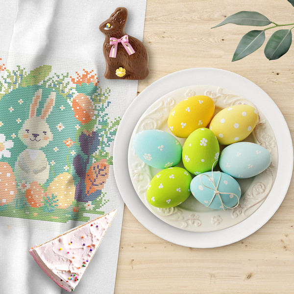 10 Spring Easter baby bunny with Easter eggs and daisy flowers cross stitch PDF pattern created for Creative cross stitch shop for cozy home decor and gift.jpg