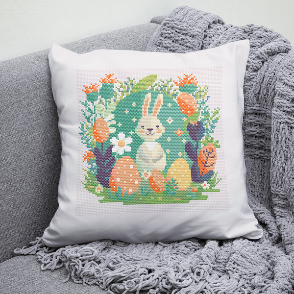 14 Spring Easter baby bunny with Easter eggs and daisy flowers cross stitch PDF pattern created for Creative cross stitch shop for cozy home decor and gift.jpg