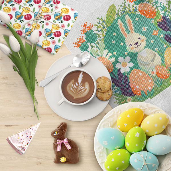 15 Spring Easter baby bunny with Easter eggs and daisy flowers cross stitch PDF pattern created for Creative cross stitch shop for cozy home decor and gift.jpg