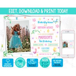 Editable butterfly birthday invitation photo template Girl pink butterfly invitation Summer party invite Insect bugs