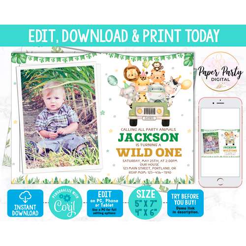 Editable safari birthday invitation photo template Boy wild one invitation Summer party invite Party animals invitation