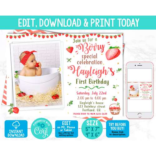 Editable strawberry birthday invitation photo template Girl berry first birthday invitation Summer party invite 1st bday