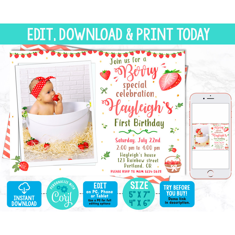 Photo-girl-berry-first-birthday-invitation-Strawberry-invitation-with-photo.jpg
