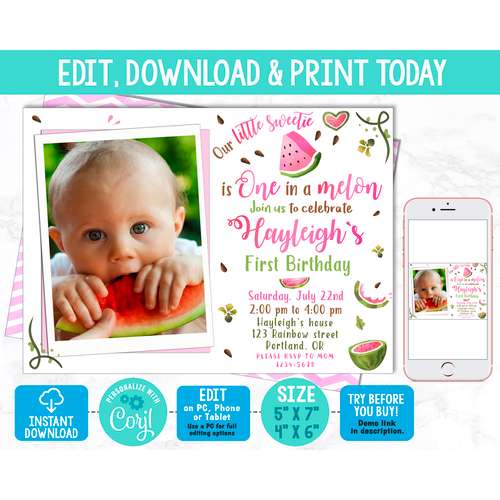 Editable watermelon birthday invitation photo template Girl sweet invitation Summer party invite 1st First birthday