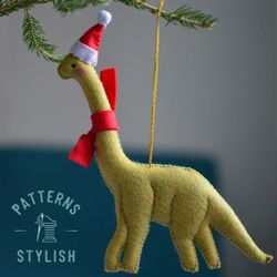 DIY Dinosaur with Santa Hat Christmas Ornament - PDF Sewing Pattern