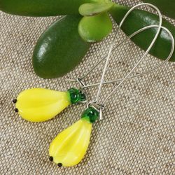 Yellow Banana Lampwork Murano Glass Earrings Silver Long Wire Dangle Drop Tropical Fruit Raw Vegan Earrings Jewelry 5009
