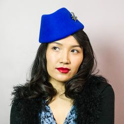 blue forage cap, stewardess cap, blue pillbox hat,blue winter hat,blue felt hat,