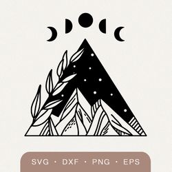 Celestial Mountain svg, Mountain clipart with moon phases svg
