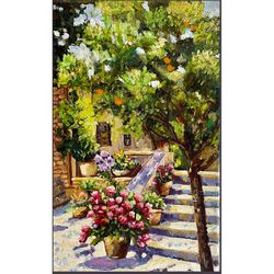 floral garden painting, flowers original oil on canvas,  greek landscape wall art, impressionism  art, orange tree