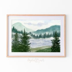 Evergreen Tree Wall Art, Abstract Forest Watercolor Printable, Horizontal Print, Digital Download, Mountain Lake Artwork