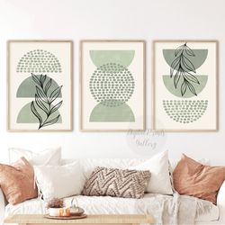 Sage Green Wall Art Set of 3, Mid Century Geometric Prints, Boho Bedroom Wall Decor, Botanical Line Art Digital Download