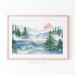 Watercolor Abstract Winter Landscape Printable, Evergreen Trees Wall Art Horizontal Print Above Bed Art Digital Download