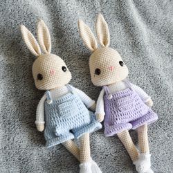 Bunny stuffed animal amigurumi toy, cute crochet rabbit in overalls or shorts, gift for babies