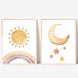 Set of 2 prints nursery Sun and Moon Gender neutral print Cute nursery art Sun Moon Rainbow print Baby room printables