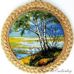 contemporary embroidery art, textile hoop art, 3d embroidery picture, needle painting design, hand embroidered landscape