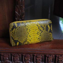 Wallet genuine python skin yellow snake color, women wallet, leather lady wallet, classic zip wallet, designer wallet ha