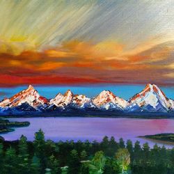 Sunset Painting Mountain Art Wall Art 15*23inch Mountain River Picture