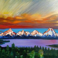 sunset painting mountain art wall art 15*23inch mountain river picture