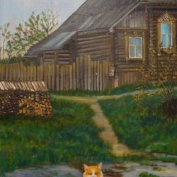 Village House Painting Countryside View Wall Art 19*27inch Red Cat Painting