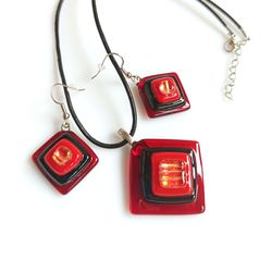 Handmade red - black glass jewelry set, Pendant and Earrings, Fused art glass Jewelry, Dangle Earrings and Pendant