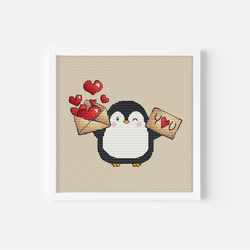 Penguin Cross Stitch Pattern PDF, Love Letter Cross Stitch, Valentine's Day Cross Stitch, Cute Bird Penguin Embroidery I