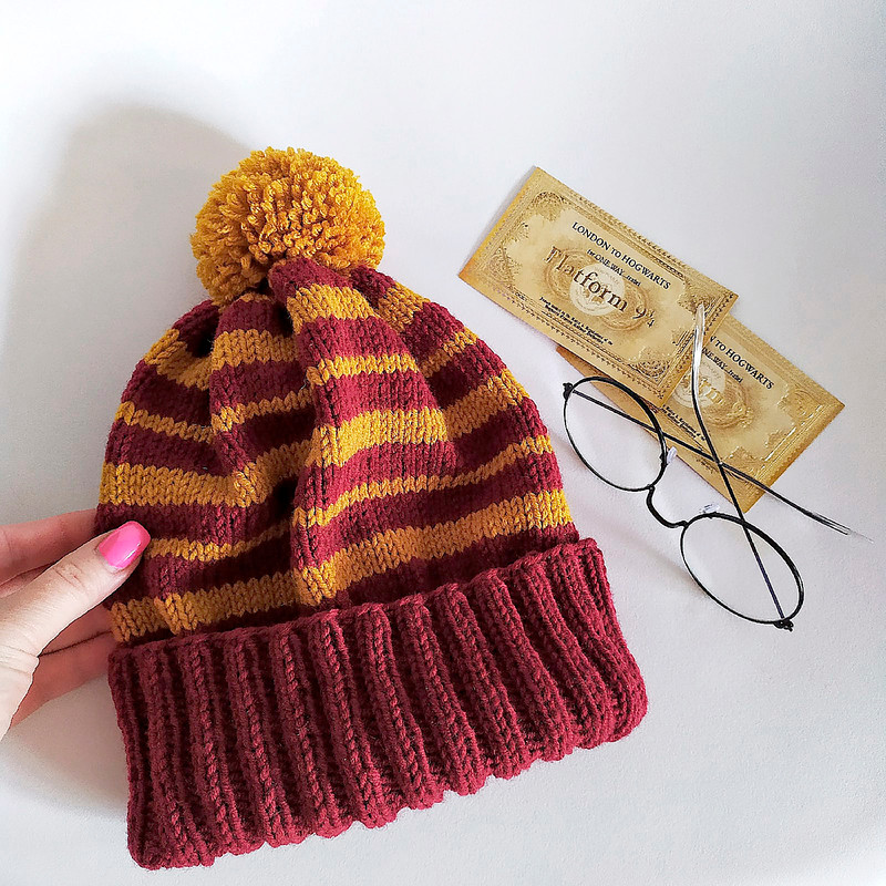 Griffindor pompom hat handknit women hat Christmas gift for her Warm hats Winter hat Griffindor hat Women hats