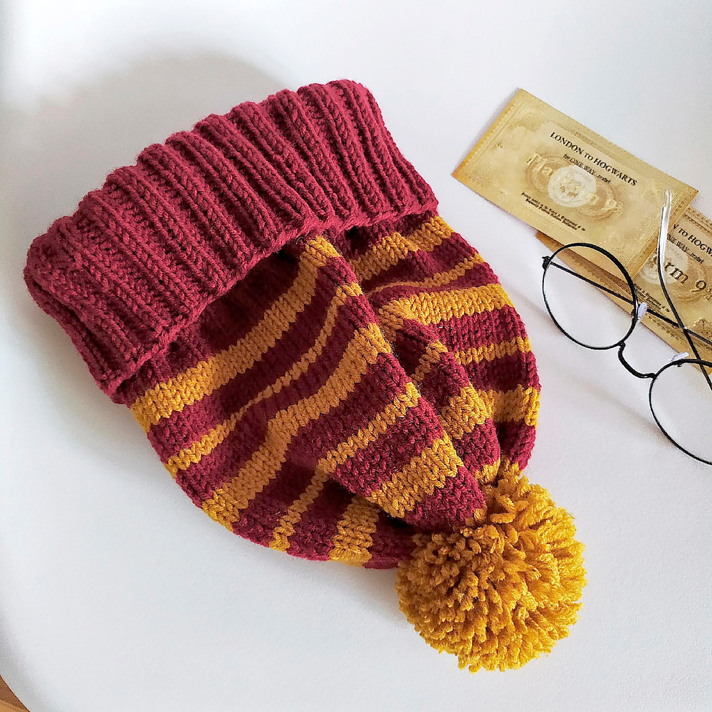 Griffindor pompom hat handknit women hat Christmas gift for her Warm hats Winter hat Griffindor hat Women hats