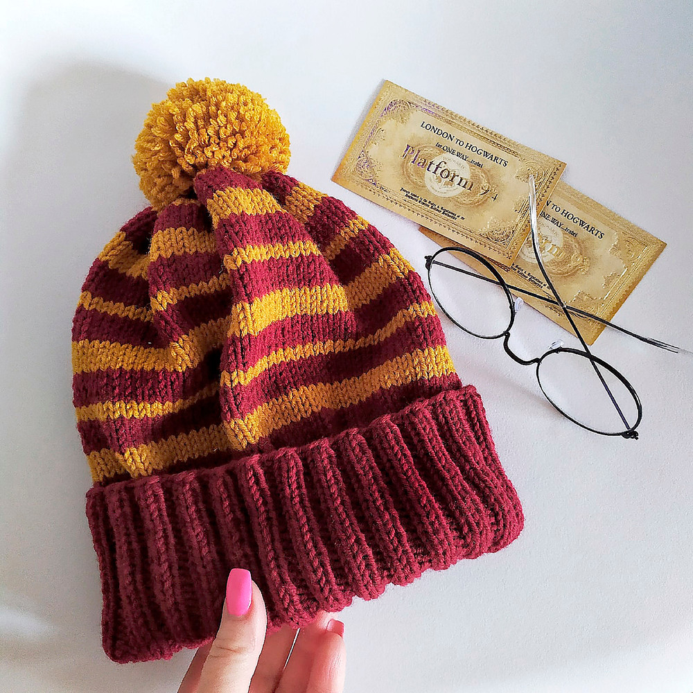 Griffindor pompom hat handknit women hat Christmas gift for her Warm hats Winter hat Griffindor hat Women hats