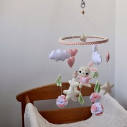 bunny crib mobile, boho nursery decor, pregnancy gift, baby shower gift, woodland baby girl mobile