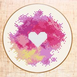 pink watercolor heart cross stitch pattern, modern cross stitch pdf, love x-stitch