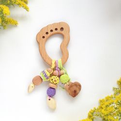 Baby foot personalized wooden rattle toy baby keepsake gift - crochet stim toy foot with name - montessori toys