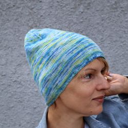 Merino wool hat, Spring knit beanie, Blue women and men hat, Hand dyed hat, Rainbow hat