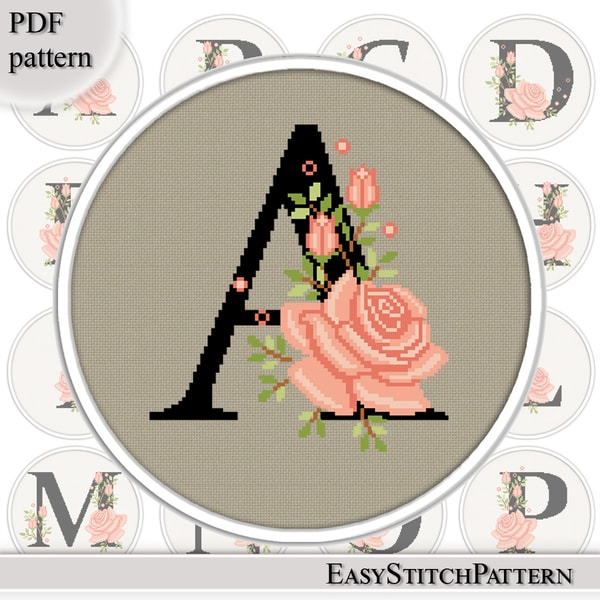Monogram cross stitch pattern DIY Letter A cross stitch Rose - Inspire ...