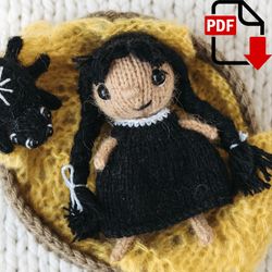 Tiny Waldorf doll in the black dress knitting pattern. Removable clothes. DIY Toy for Toy tutorial. Knitting miniature.
