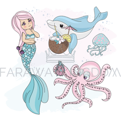 mermaid cocktail tropical travel sea vector illustration set