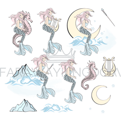 mermaid collection cartoon new year vector illustration set