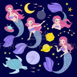 mermaid constellation space princess vector illustration set