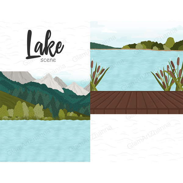 Forest landscape and mountain peak in the forest illustration. Wooden pier on the shore of the lake with reeds. Background for camping by the lake in the forest