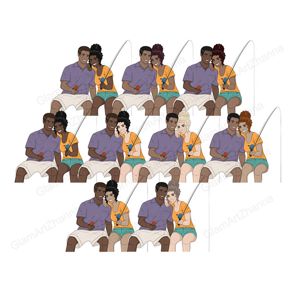 Young couple fishing with fishing rods. Different kinds of skin tones and hair colors.An African American young man in a purple polo and beige shorts, a girl in