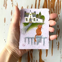 Striped kitty painting Small Original art Mini artwork on handmade recycled paper by Rubinova