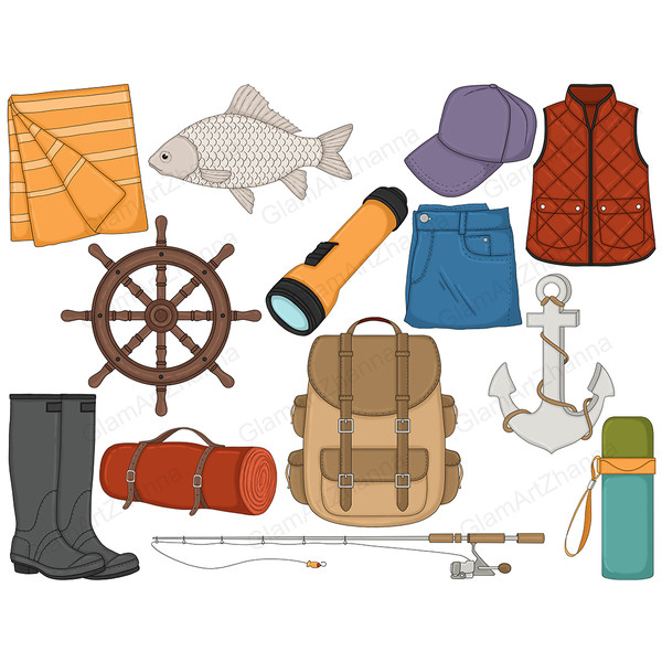 Orange striped towel, crucian carp, blue cap, red fishing vest, wooden ship's wheel, orange flashlight, blue folded jeans, gray anchor tied with rope, black hig