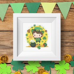 Leprechaun with pot and shamrocks St Patrick day cross stitch digital printable A4 PDF pattern for home decor and gift